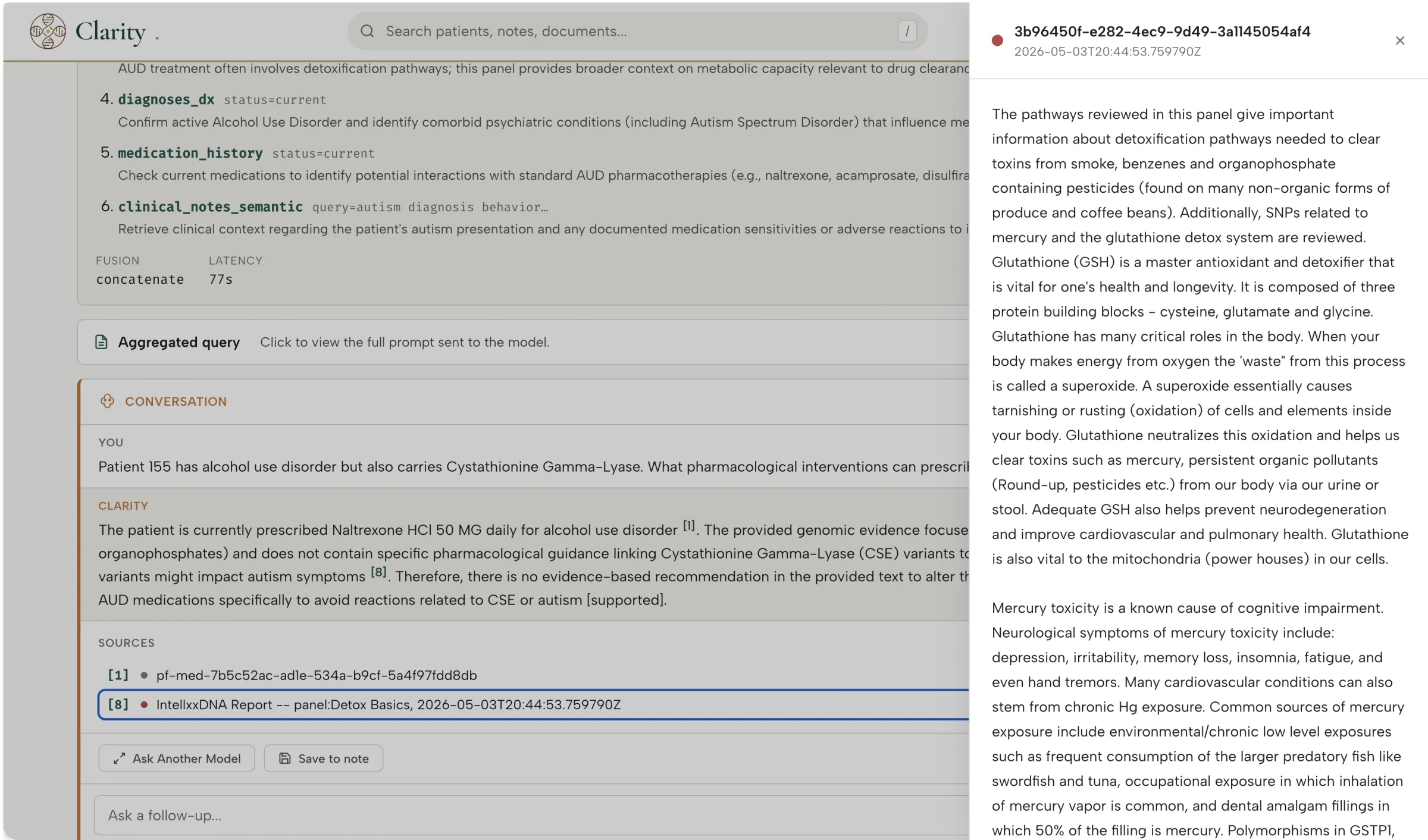 AI response with citation popover showing the source PDF page and highlighted cited passage