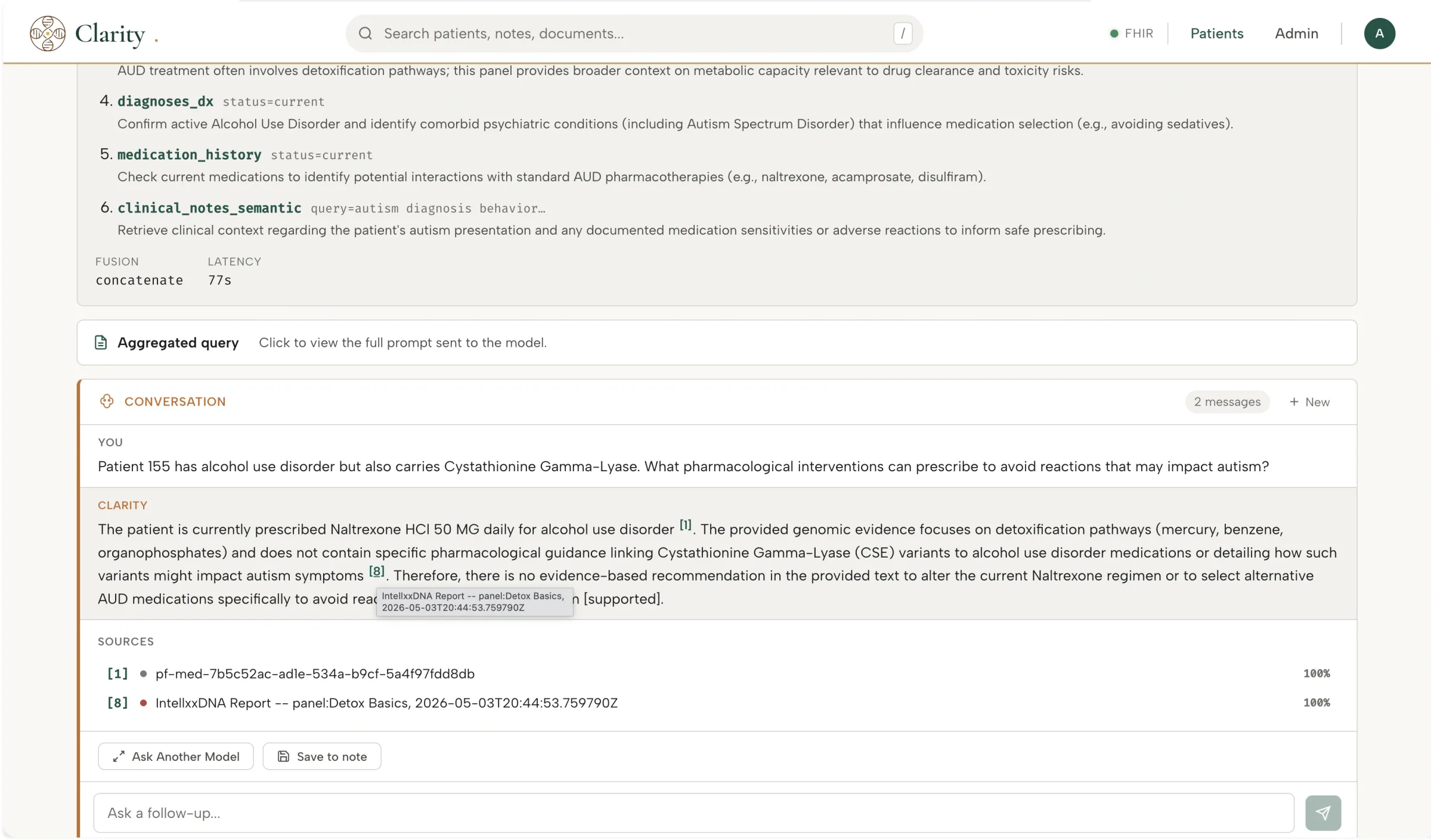Deep Review response to a CYP2D6 pharmacogenomic question, with citations linking back to the IntellexxDNA report
