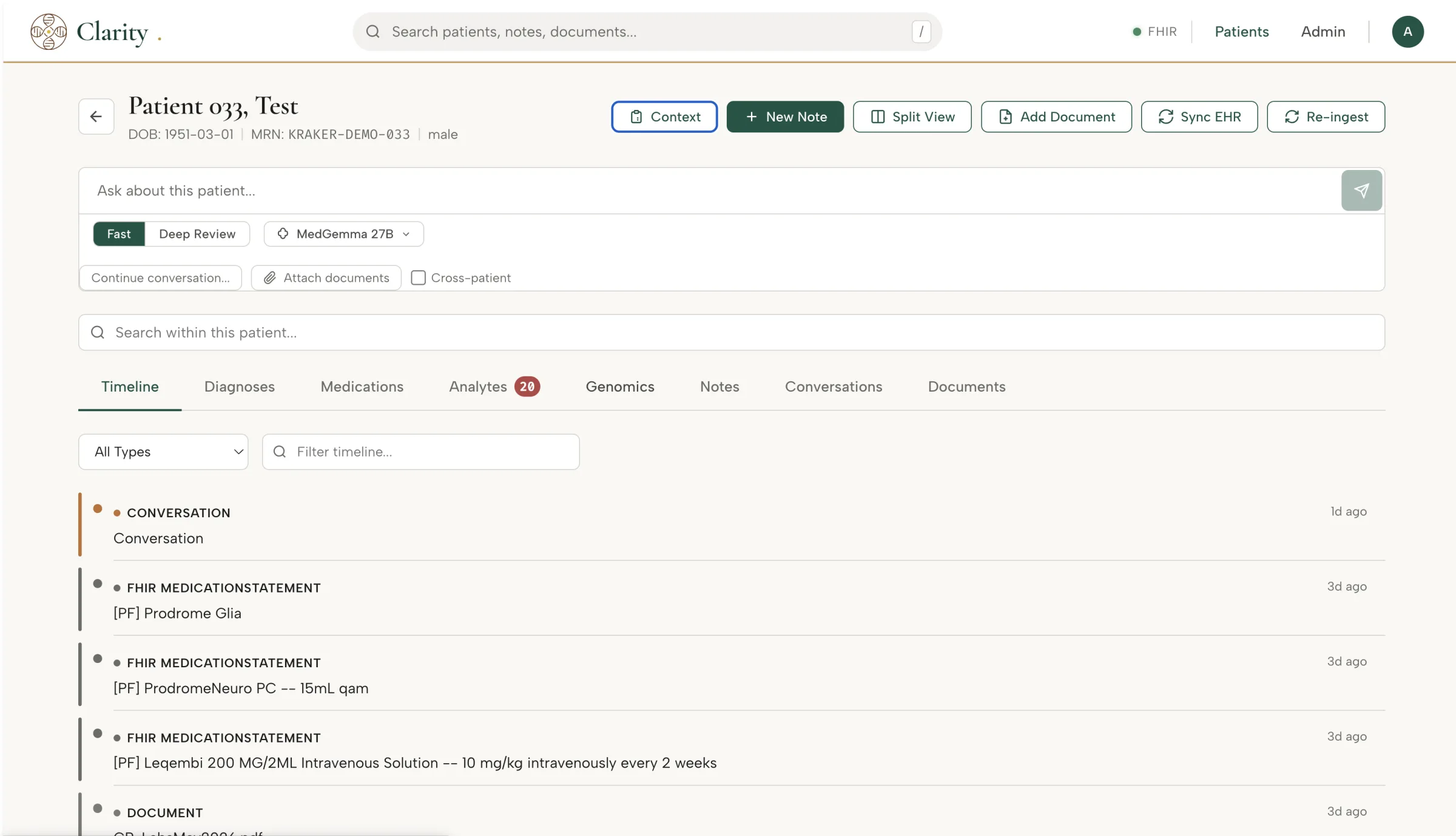 Patient timeline showing EHR notes, labs, and pharmacogenomic results interleaved chronologically